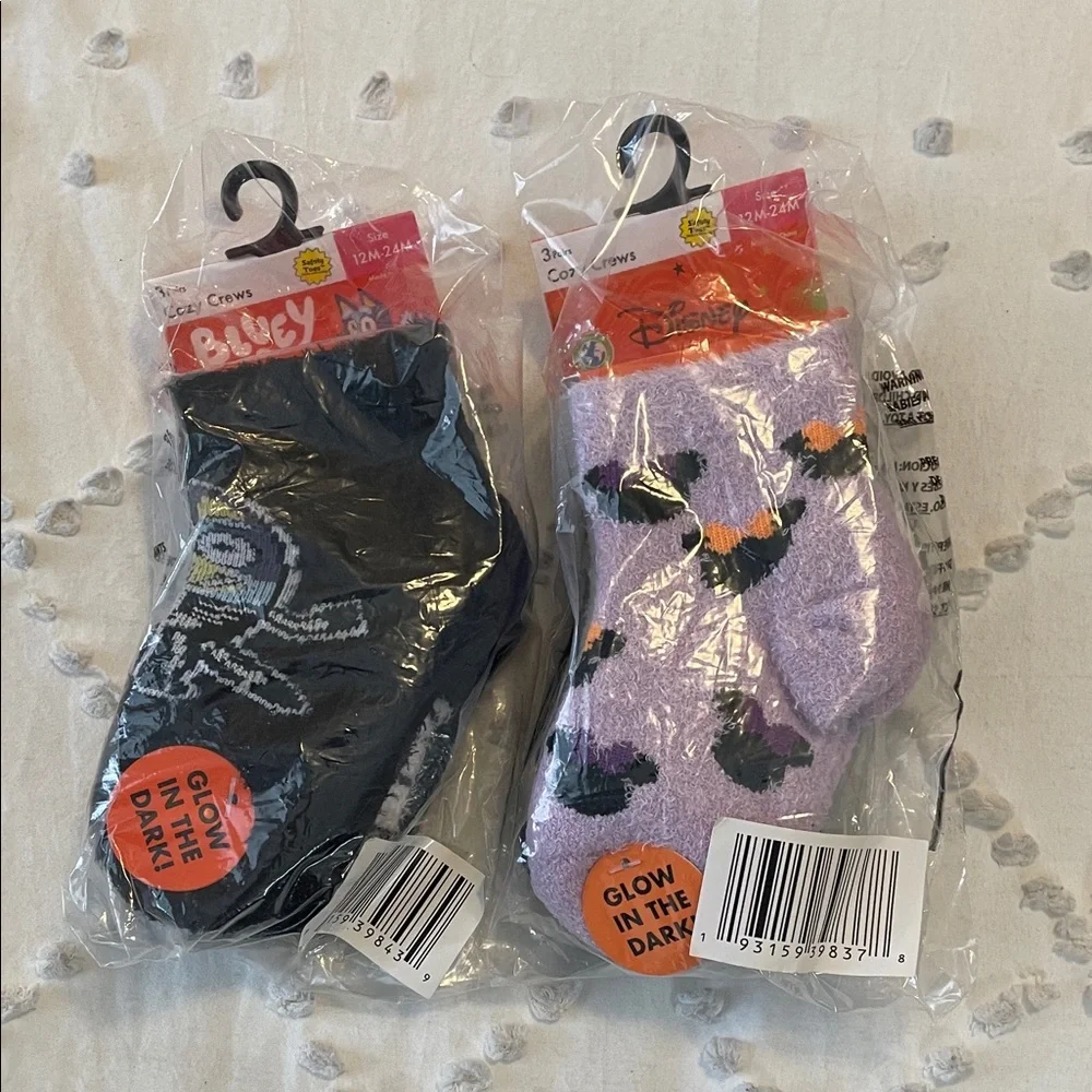 Disney Glow-in-the-Dark Socks - Bluey and Minnie mouse Black Purple nwt 6 pairs